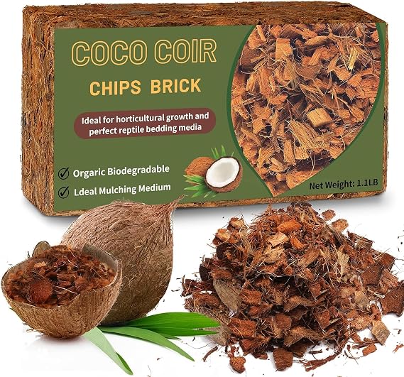 Doter Coco Chips Substrate 1.1 LB, Organic Coconut Husk Brick with Low EC and pH Balanced, Easy to Expand Coco Coir Mulch Medium for Garden Flowers & Reptile Bedding (1 Pcs)