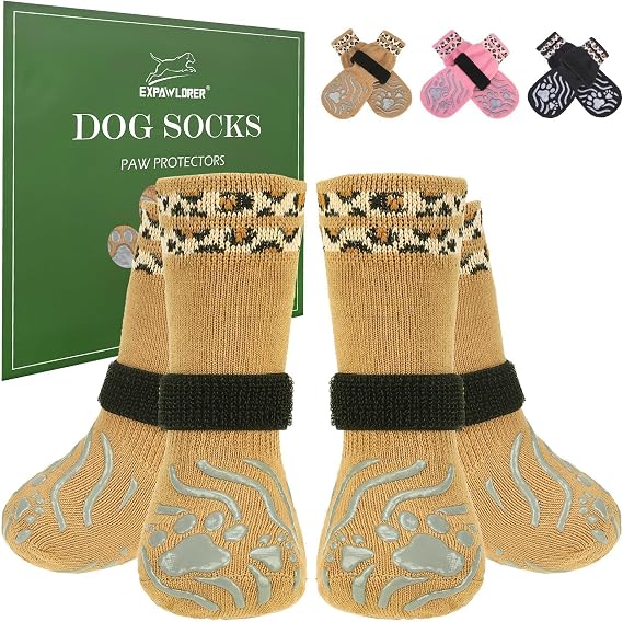 EXPAWLORER Dog Socks for Summer Hot Pavement to Prevent Licking Paws, Anti Slip Doggie Grippy Booties Shoes for Hardwood Floors, Boots & Paw Protectors for Small Medium Large Senior Dogs Khaki M