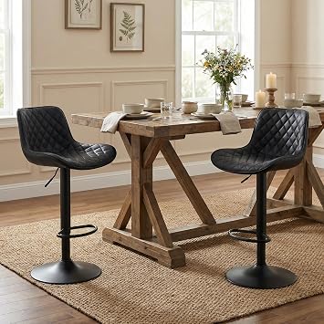 YOUTASTE Black Bar Stools Counter Height Bar Stool Set of 2 Adjustable Swivel Faux Leather Barstools with Padded Back Diamond Metal Bar Chairs for Home Kitchen Island