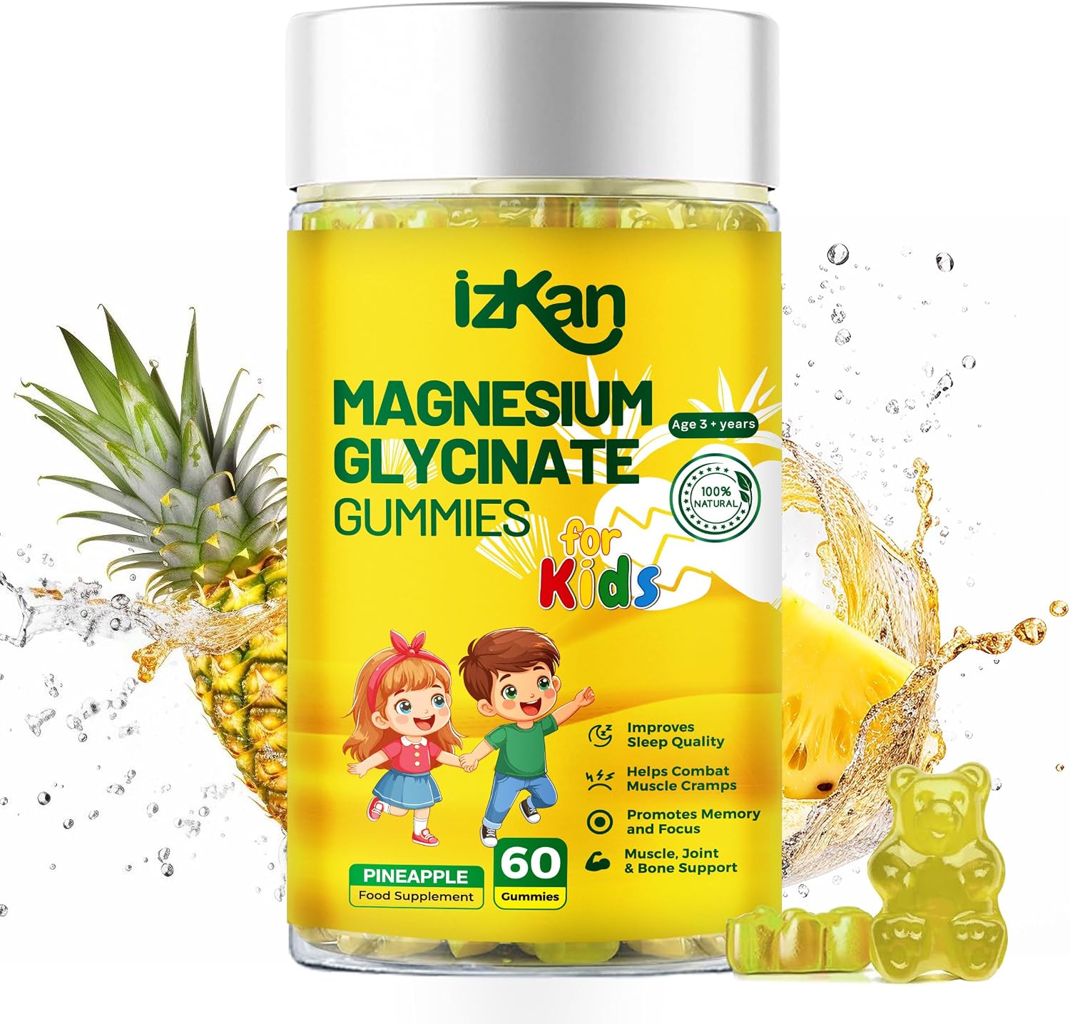 Magnesium Glycinate Gummies 100mg for Kids, Calm Magnesium Gummies for Sleep, Relaxation, Brain, Focus, Bones, No Melatonin, Gluten Free, Non GMO, Vegan, 60 Gummies 1