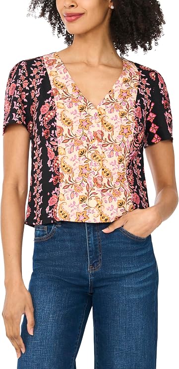 CeCe Women's Cropped Linen V-Neck Button-Down Blouse