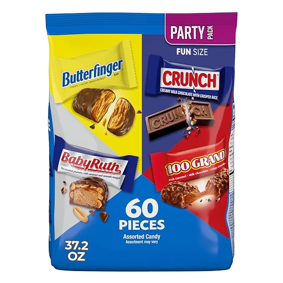 Assorted Butterfinger, Crunch, Baby Ruth, and 100 Grand Fun Size Chocolates, 60 count Party Pack, 37.2 oz