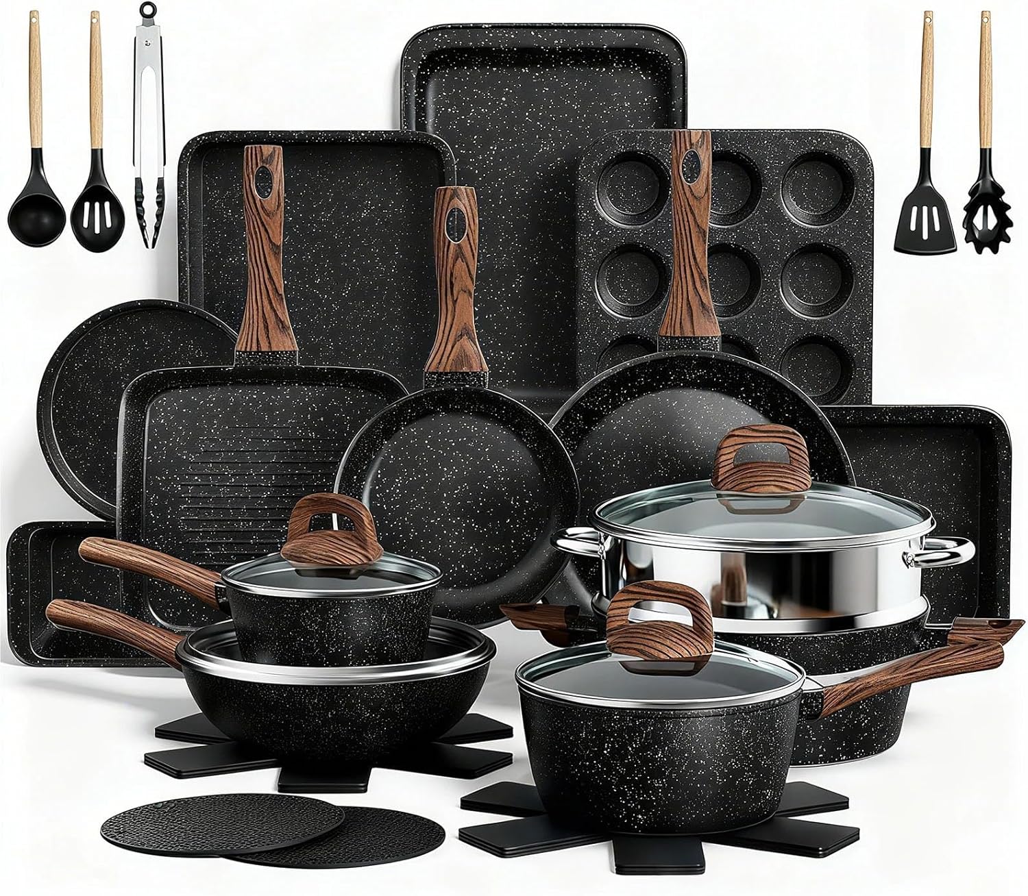 Terlulu Pots and Pans Set Non-Stick, 31PCS Induction Hob Cookware & Bakeware Set, Induction Pan Set with Frying Pans, Grill Pan & Saucepans W/Lids, Black Granite Kitchen Cooking Set, PFOA & PFOS Free