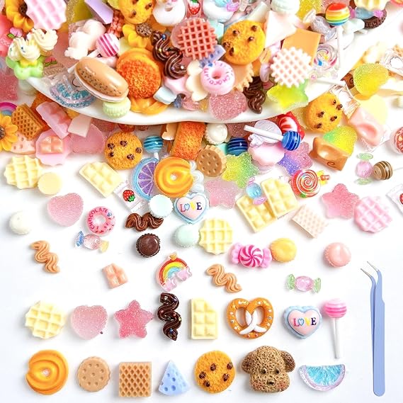 100PCS Slime Charms with Tweezers,Mixed Craft Resin Charms for Phone Case Decoration, Scrapbooking, Resin Charms for Junk Case Decoration (A1) | Charms with Tweezers, Mixed Charms for Phone Case Decoration, Scrapbooking, Resin Charms for Junk Case Decoration