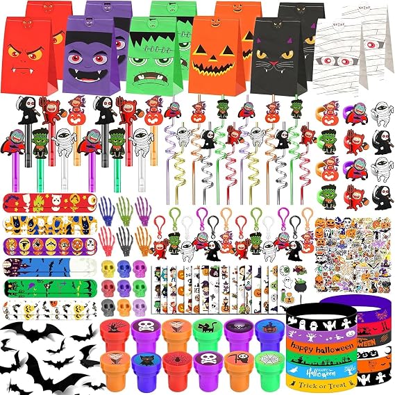 ONBKYGF 453PCS Halloween Party Favors Supplies Decorations, Halloween Treat or Trick Goodie Bags Pinata Fillers Stuffers Halloween Classroom Prizes Gifts for Kids