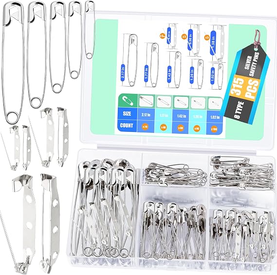 315 Pcs Safety Pins Assorted, 8 Sizes Large and Small Pins, 300 pcs Safety Pins for Clothes Costume 15pcs Silver Boutonniere Pins Badge Pins Bar Pins, Bulk Nickel Plated Steel (315, Silver)