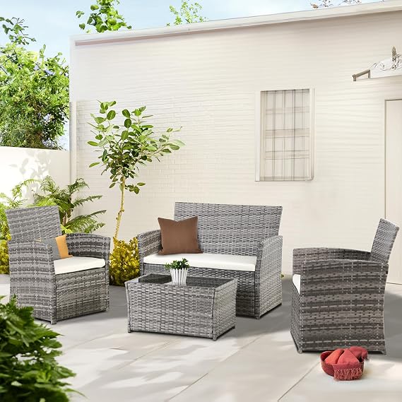 PORWEY 4 Piece Patio Furniture Set, Outdoor Wicker Conversation Set with Coffee Table, Modern Weather-Resistant Rattan for Porch Garden Lawn, Gray Wicker/Beige Cushion