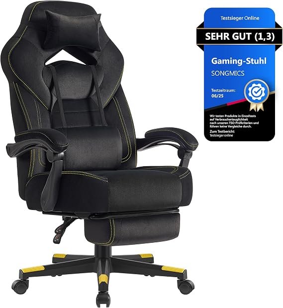 SONGMICS Gaming/Office Chair Ergonomic Design with Footrest Adjustable Headrest Cushion Lumbar Cushion Load Capacity 150 kg Ink Black OBG077B08
