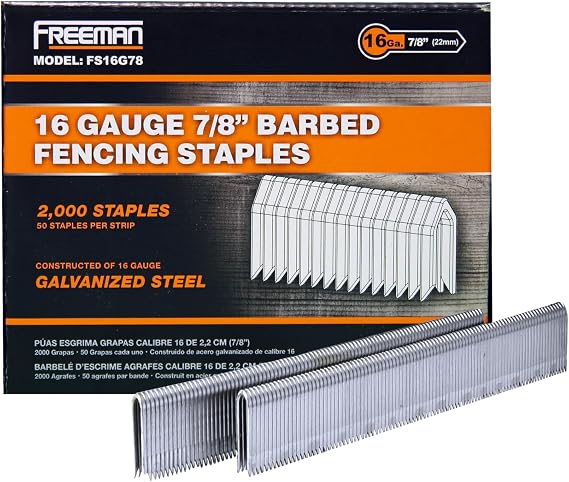 Freeman 16-Gauge Fencing Staples | 7/8" | Glue Collated | Galvanized Steel | 2000 Count | Indoor and Outdoor | Livestock Fences, Pet Enclosures, Heavy Mesh, Deer Prevention, and Farming | FS16G78