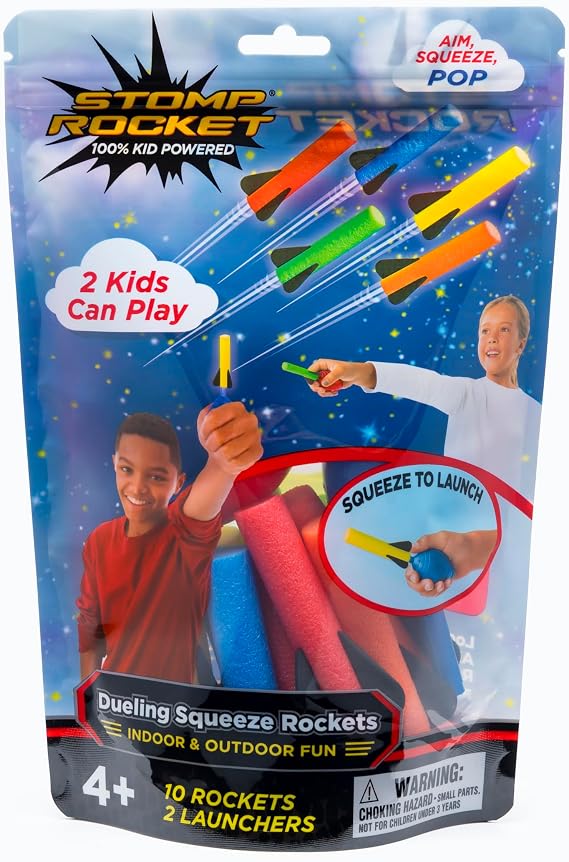 Stomp Rocket Dueling Squeeze Rockets, 2 Player Pack | 2 Launchers, 10 Soft Foam Rockets - Fun Outdoor Toys for Boys & Girls, Ages 4 & Up - STEM Toys for Outside & Backyard