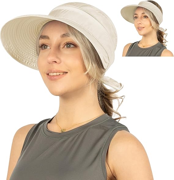 SUN CUBE Women's Sun Hat UPF 50+ UV Protection, Wide Brim Zip-Off Ponytail Beach Visor, Foldable Travel Hiking