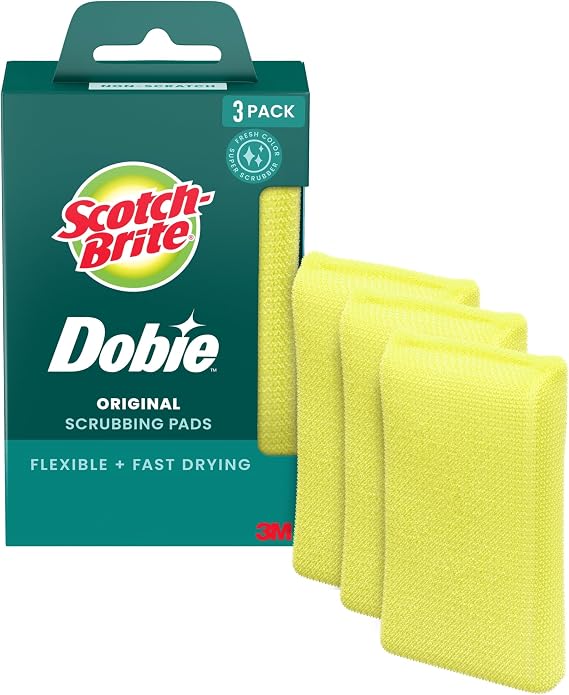 Scotch-Brite Dobie Non-Scratch All-Purpose Scrub Pads, 3 Pads, Reusable Scouring Sponges for Kitchen & Bathroom, Safe on Non-Stick Cookware, Yellow