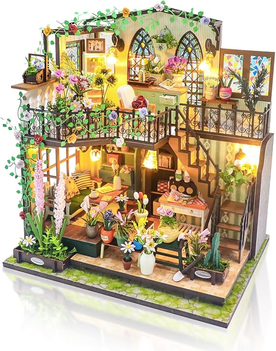 Cuteefun DIY Miniature House Kits with LED Light, 1:24 Scale | Wooden Dollhouse & Handmade Crafts & Great Gift Idea, Make Your Own Mini House, for Adults Teens to Building