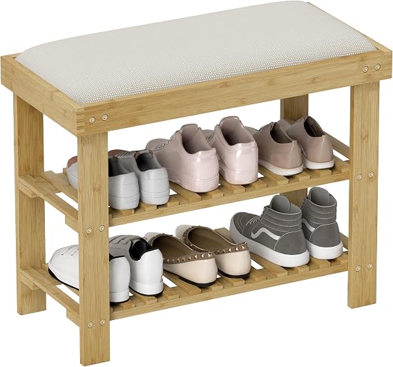 HOMCOM Bamboo Shoe Bench, 3-Tier Entryway Bench with Storage and Cushion, Shoe Organizer for Entryway, Hallway, Holds Up to 331 lbs, 23.6 x 11.4 x 19.3 Inches, Natural