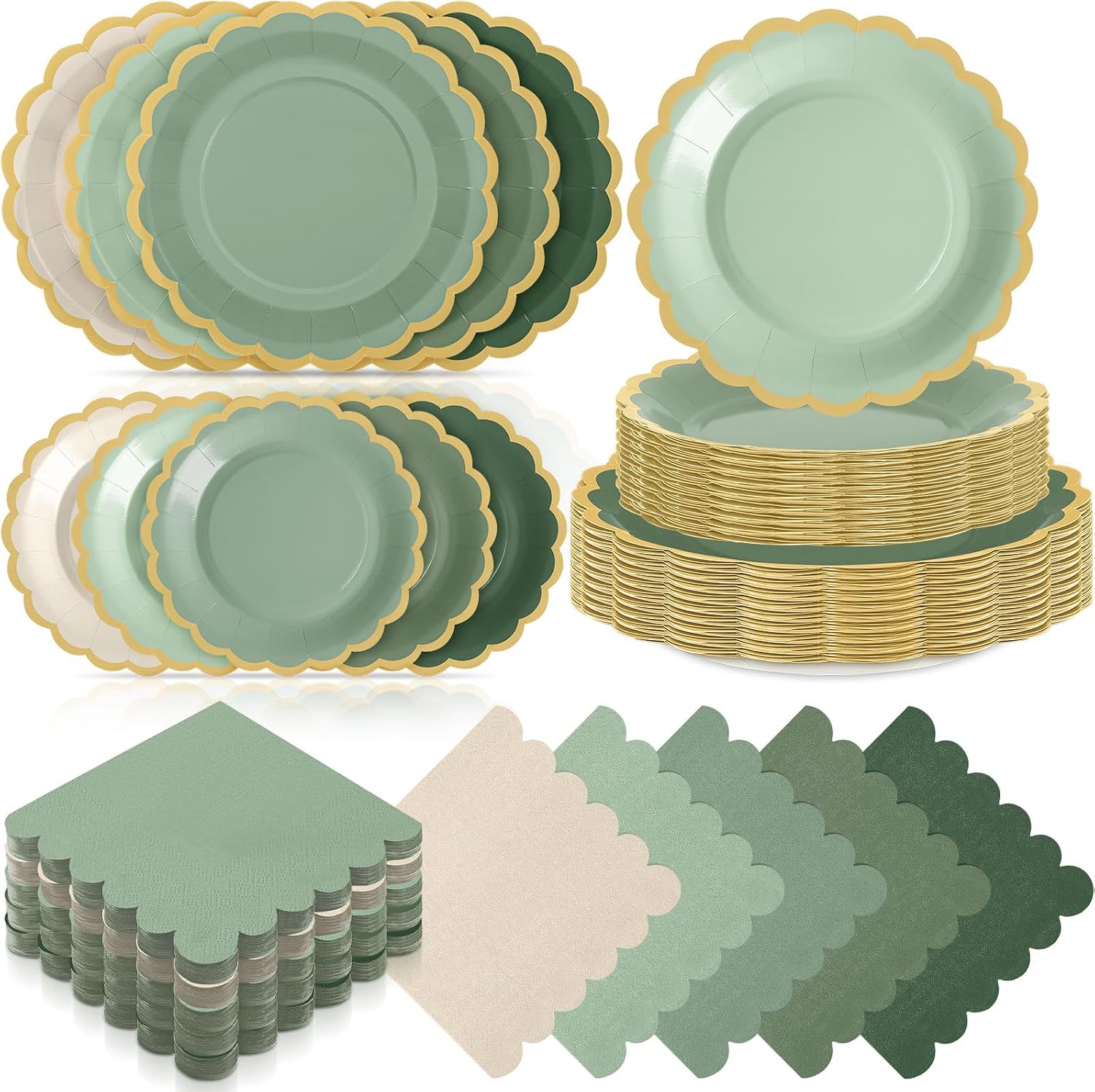 Zhehao 150 Pcs Sage Green Plates and Napkins Tableware Serves 50 Includes 9 Inch 7 Inch Green Scalloped Edges Paper Plate and Napkins for Wedding Birthday Baby Shower Party