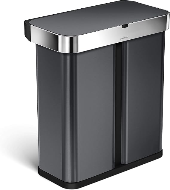simplehuman 58 Liter / 15.3 Gallon Dual Compartment Rectangular Hands-Free Kitchen Recycling Trash Can with Voice and Motion Sensor, Black Stainless Steel
