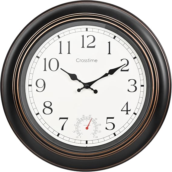 Crosstime 45cm Large Outdoor Clock Waterproof with Thermometer - 18 Inch Bronze Retro Garden Clock for Outside Patio, Pool, Porch Wall Decor
