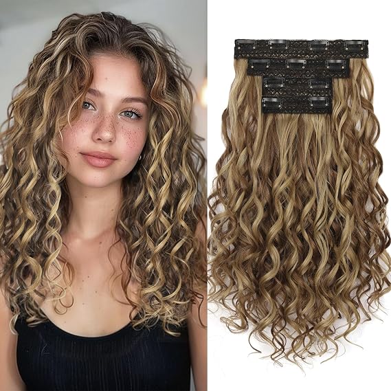 16 Inch Curly Hair Clip in Extensions 4Pcs Clip in Hair Extensions Brown with Ash Blonde Hair Extensions for Women(4Pcs,16Inch,128H24#)