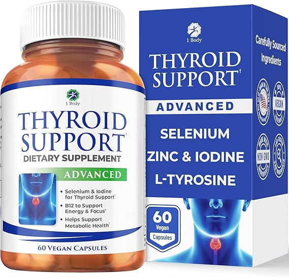 1 Body Thyroid Support Supplement for Women and Men, Selenium with Iodine, Zinc, B12, Ashwagandha and L-Tyrosine, Supports Hormone Health, Energy and Metabolism, 30 Day Supply | Low Energy, Brain Fog, Feeling Off? Designed to support healthy thyroid function and everyday vitality.*