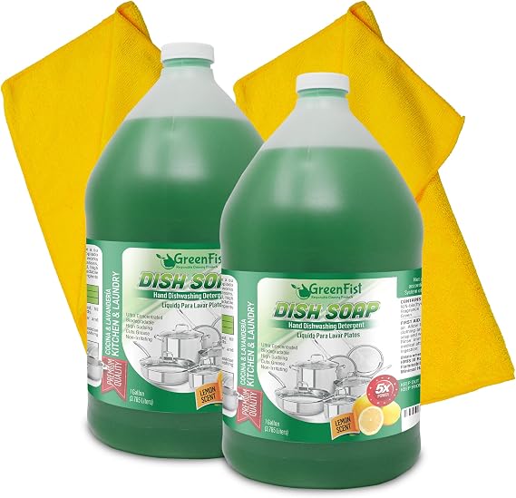 GreenFist Green Dish Soap [ Lemon Scent ] Manual Pot & Pan Professional Detergent Liquid Refill Pot & Pan Dish-Wash - Light or Heavy Use , 128 ounce ( 2 Gallon W/2 Microfiber Towel)