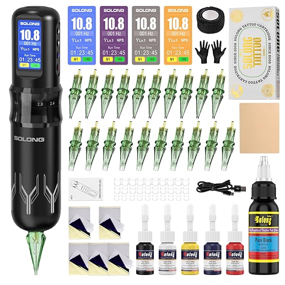 Tattoo Gun,Complete Tattoo Kit with 7 Stroke Lengths,Powerful Battery with Color Wallpaper Guide Wireless Tattoo Gun Kit,Practice Skin,Transfer Paper for Beginners SL-TKE200A-1-USA