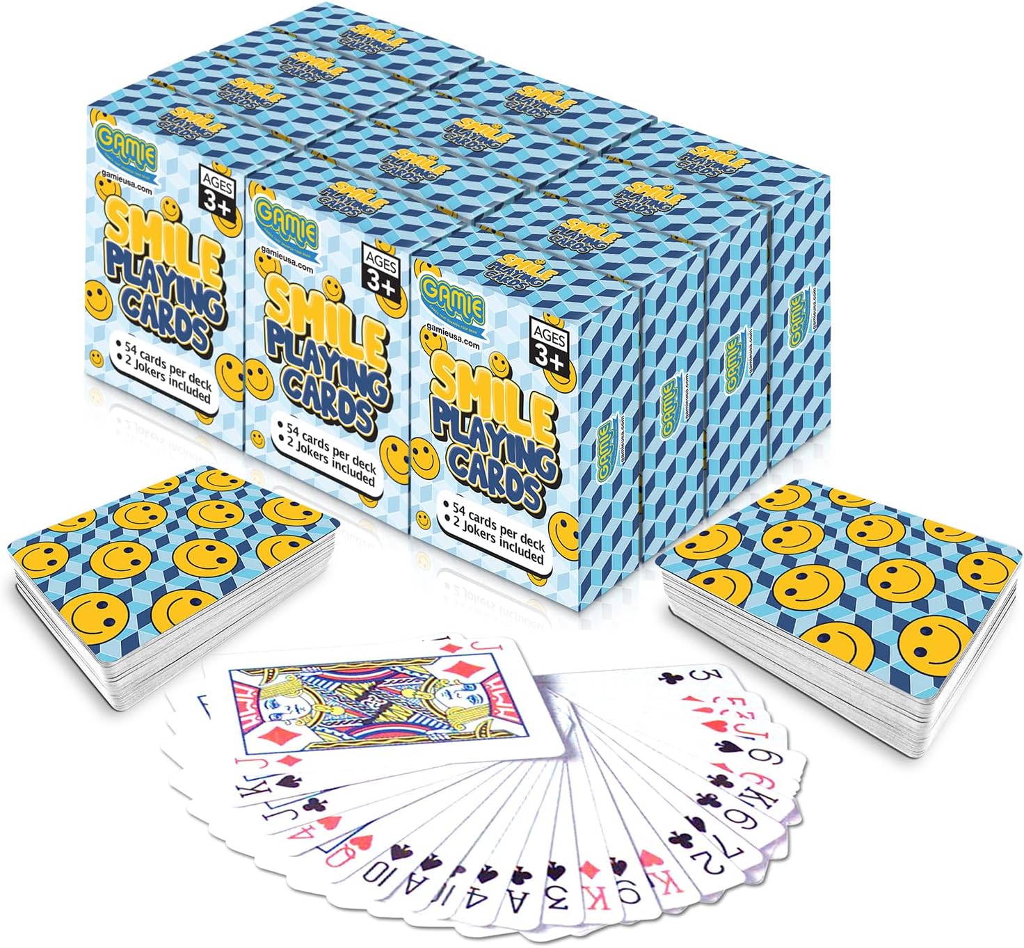 Gamie Mini Smile Playing Cards Deck - Pack of 12-2.5 Inches Tall - Blue Checkerboard Background - Poker-Casino Cards - Carnival Prize, Party Favor and Gift Idea for Kids Ages 3