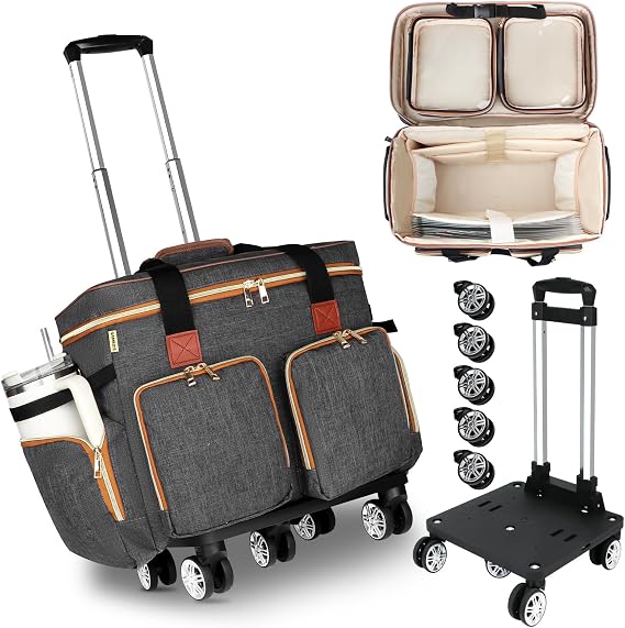 Rolling Teacher Tote Bag with Detachable Trolley, Wheeled Teacher Bag with Padded Laptop Compartment for up to 15.6 Inch, Multifunctional Rolling Briefcase for Teaching& Office (Elegant Gray)