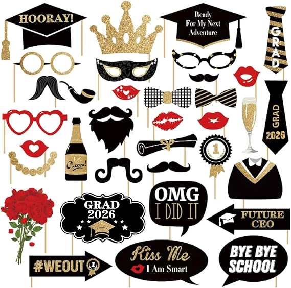 Happy Graduation 2026 Photo Booth Props 35pcs Funny Large Graduation Photo Props Class of 2026 Grad Decor with Sticks for Kids Boy Girl Women Men Graduation Party Favors Supplies Decorations