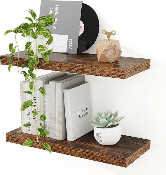Feihorrm 40cm Floating Shelves for Wall, 23.5cm Deep Brown Shelves | Set of 2 Wooden Wall Mounted Shelves for Storage & Organizer, Wall Shelf for Bathroom Living Room Kitchen Bookshelf