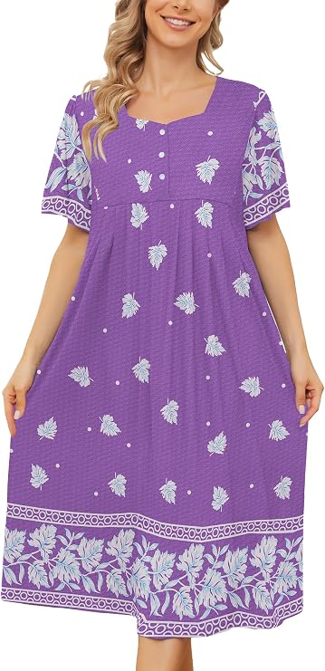 Bloggerlove Nightgown for Women Hawaiian Muumuu House Dress Print Lounger Patio Dress with Pockets Moomoo