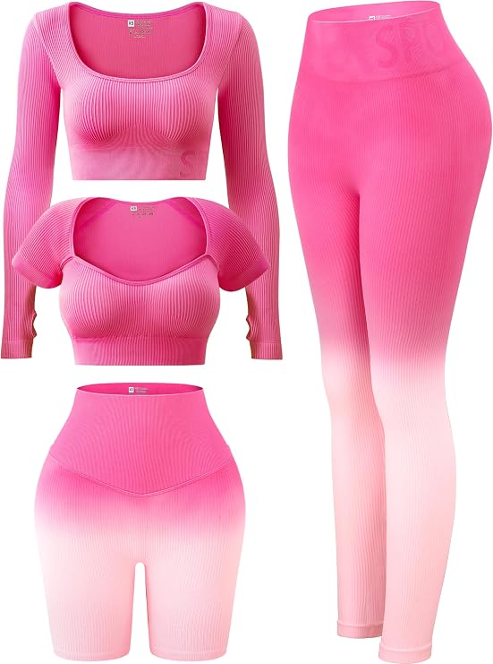 FINETOO Women's 4 Piece Workout Outfits Ribbed Seamless Long Sleeve Crop Sports Tops Tank High Waist Yoga Leggings Sets