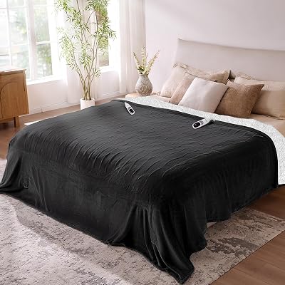 Electric Blanket King- Soft Heating Blanket, Dual Control & 9 Heat Levels, 10H Timer, Soft Flannel to Sherpa, Fast Heating Electric Throw, Machine Washable, Gift for Mom, Dad, 90x100 Black