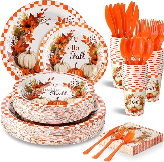 Sliner 350 Pcs Fall Paper Plates and Napkins Sets Thanksgiving for 50 Guest