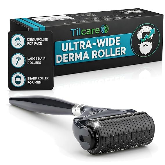 Beard and Hair Ultra Wide Derma Roller (1Pack) by Tilcare - Sterile 1200 Grade A Titanium Microneedles Titanium Derma Roller 0.25mm