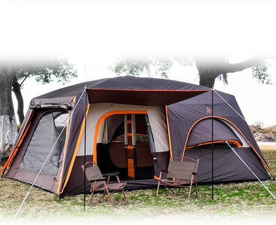 KTT Extra Large Tent 12-14 Person,Family Cabin Tents,2 Bay-Windows,2 Rooms and 3 Doors 3 Windows with Mesh,Waterproof,Straight Wall,Double Layer,Big Tent for Outdoor,Picnic,Camping