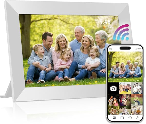 Brookstone 10 Inch Wi-Fi Digital Picture Frame with Video Playback - 32GB Smart Photo Frame, Touchscreen Display, Clock, Calendar, Weather Forecast, Built-in Speaker - White
