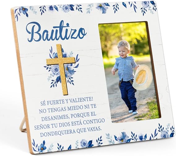 CJiangpo Spanish Baptism Picture Frame - Bautizo Gifts for Boys, Baby Religious Christening Gift Catholic Dedication Baby Shower Keepsake Blue Flower Wood Photo Frame from Godparents Friends Family