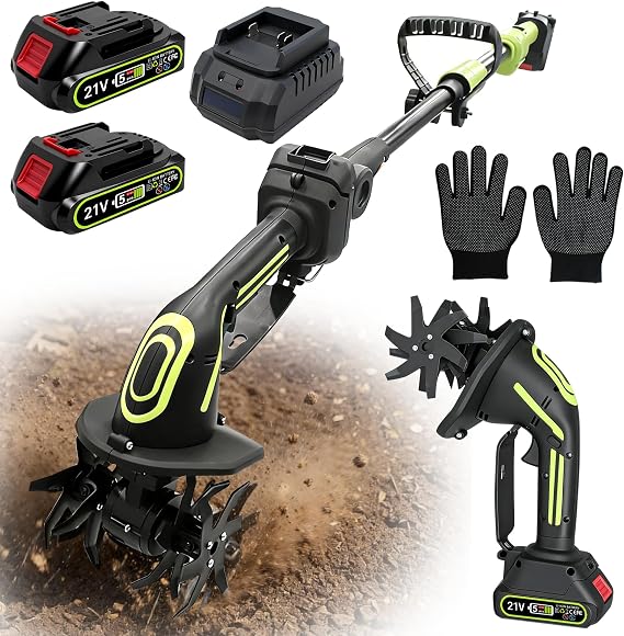 21V Cordless Tiller Cultivator,2000mAh Battery Powered Tiller, Lightweight Rototiller for Gardening,4-Inch Tilling Width and Depth,Garden Tiller Cultivator for Soil, Tending & Composting