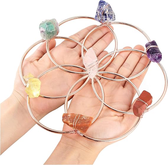 Jovivi Flower of Life Copper Wrapped 7 Chakra Stones Wall Art Crystal Grid Sacred Geometry Natural Raw Reiki Healing Crystal Stones Wall Hanging for Home Decor Meditation Altar Gift