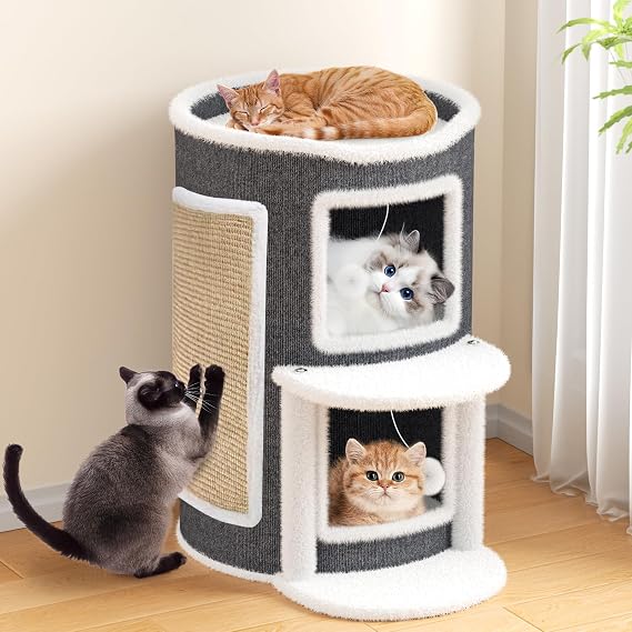 Clawsable Cat House, Semi Enclosed Cat Beds for Indoor Cats Hideaway, Large Cat Cave Bed with Scratch Pad, Pet Condo with Hanging Ball & Stair for Muti Kitten (Grey, 40X40X60CM)