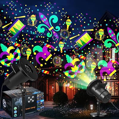 Mardi Gras Holiday Projector Light with 1 Film Slides LED Projector Lights Outdoor Reflectors Waterproof Landscape Decorative Lighting Projection Lamp for Party