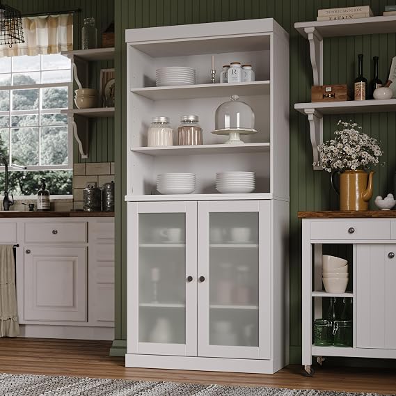 Palace Imports 100% Solid Wood Kitchen Pantry w/ 2 Frosted Glass Doors, White, 32" w x 71.5" h, Renewable Eco-Friendly Wood, Made in Brazil