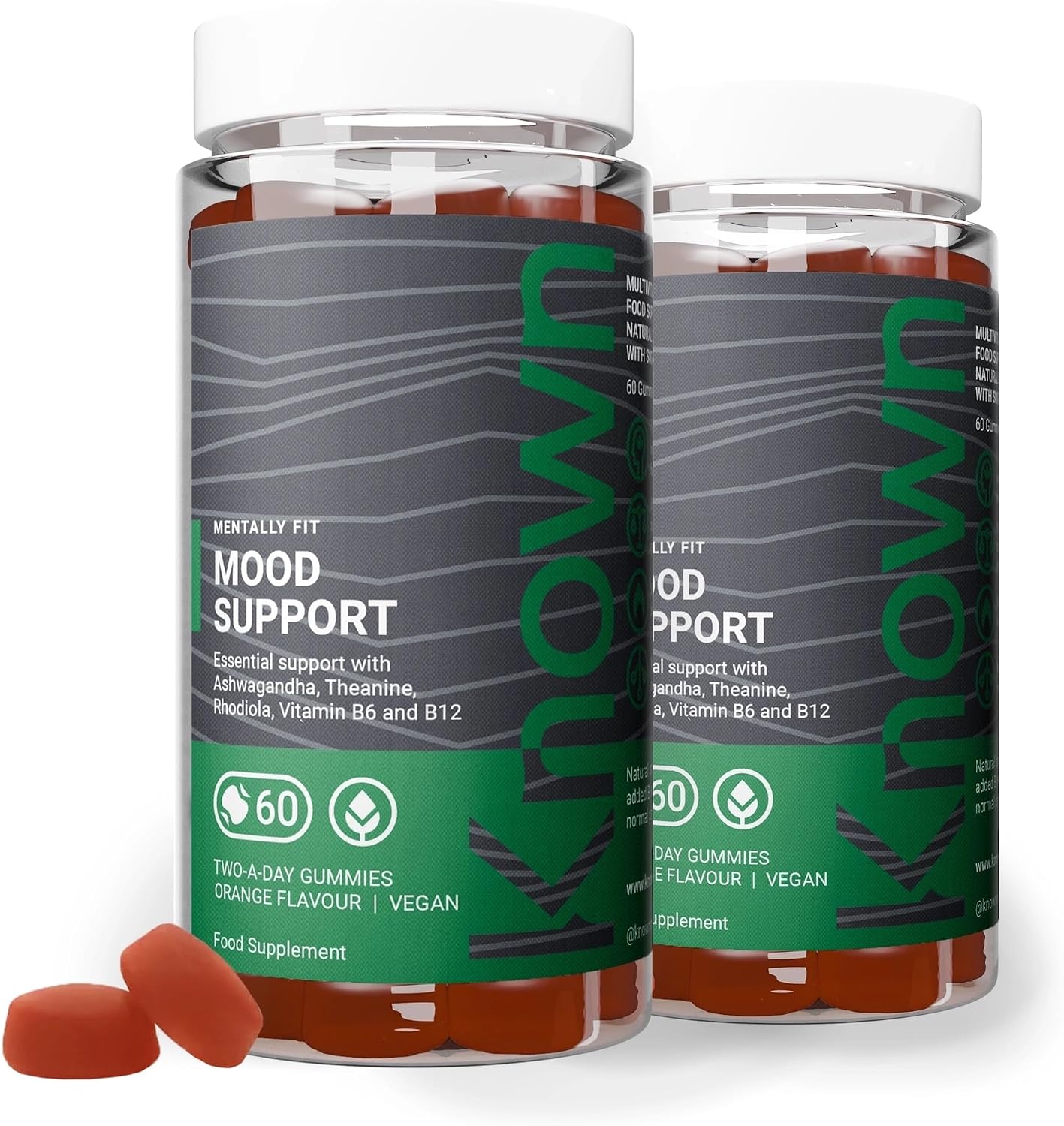 Known Mood Support Gummies – Orange Flavour – Vegan Gummy Supplement with Ashwagandha, Rhodiola & B Vitamin Complex – Energy, Cognitive Function & Wellbeing – 2 Month Supply – for Men & Women