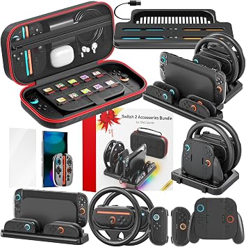 Switch 2 Accessories, Charging Dock & Storage Organization for Grips & Steering Wheels for Mario Game, Dockable Cover, Screen Protector, Nintendo Switch 2 Accessories Bundle Case, ALL-IN-1 Carry Case