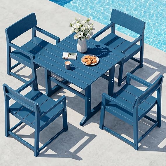 Vongrasig 5 Pieces Patio Dining Set, All Weather Outdoor HDPE Dining Furniture Set with Table and Chairs for 4, Garden Patio Furniture Set for Lawn, Backyard, Poolside, Blue