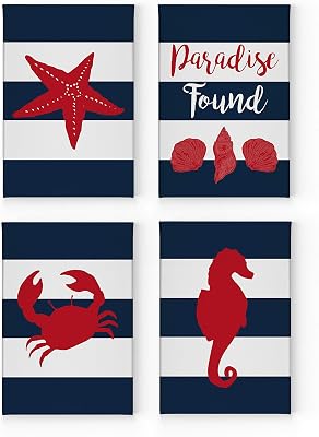 Starfish Sea Horse Crab Quote Navy Blue White Striped Background Nautical Decor 4 PANEL CANVAS PRINT SET Coastal Wall Art Home Decor Stretched Ready to Hang-%100 Handmade in the USA- 22x15 x4