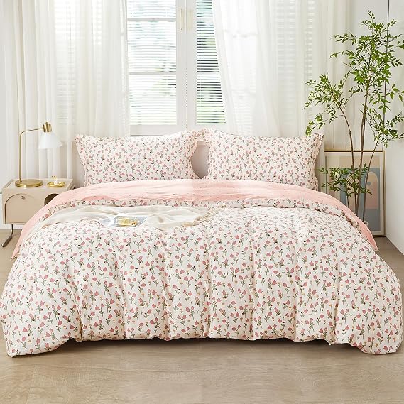 SAPHREAS Pink Flower Duvet Cover Set 100% Cotton 2pcs, Cotton Garden Style Bellflower Floral Bedding Comforter Cover Set, 1 Single Size Duvet Cover 1 Pillow Sham, Comforter Not Included