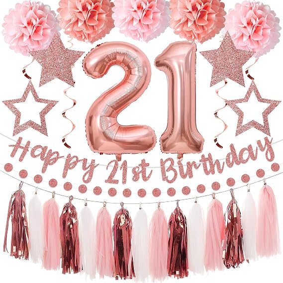 Kuxriox 13Pcs 21st Birthday Decorations for Girls, Pink Rose Gold Happy 21st Birthday Banner and Balloons, Glittery 21 Year Old Bday Tissue Pompoms, Circle Dots Garland, Tassel Garland Party Supplies