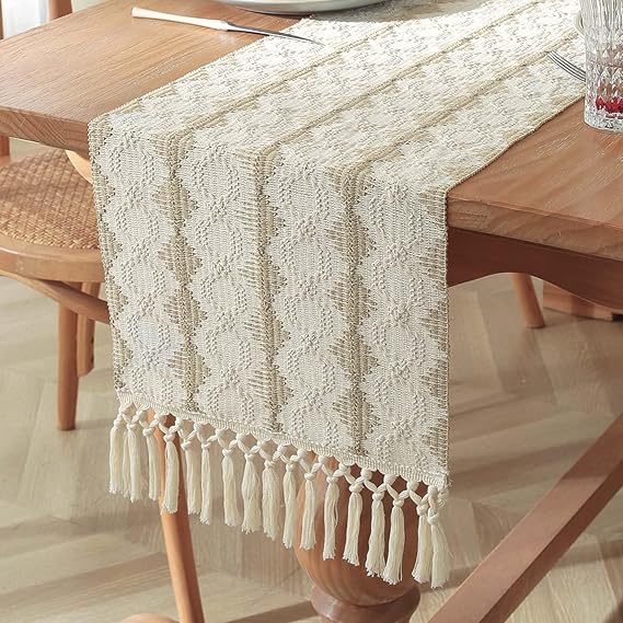HVEST Boho Table Runner 72 inches Long Brown and Beige Macrame Table Runners for Rustic Farmhouse Home Kitchen Dining Room Party Coffee Desk Decor