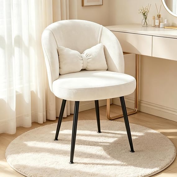 Homkdom Velvet Vanity Chair with Bow Pillow, No Wheels, White